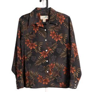 Hawaiian Shirt PXL Womens Tropical Floral Napped Long Sleeve Black Orange Green